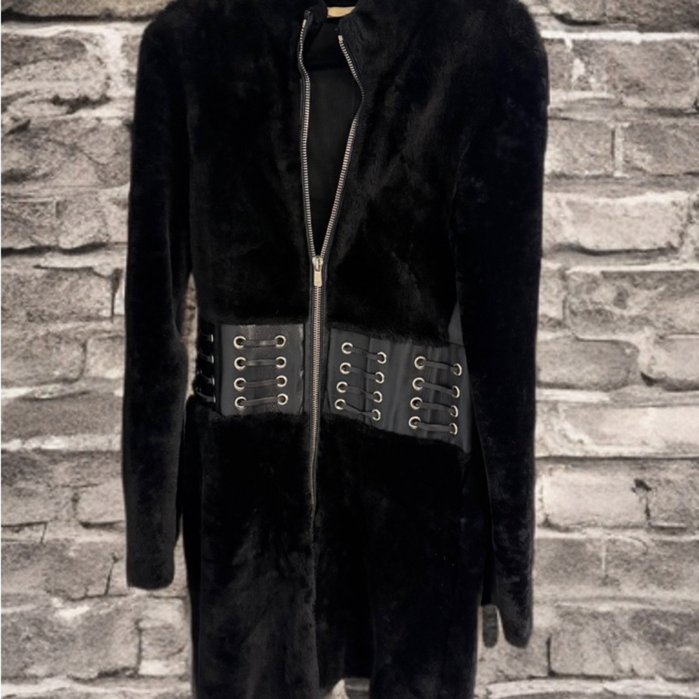 Michael Kors Black Faux Fur Jacket with Leather Lace-Up Detail